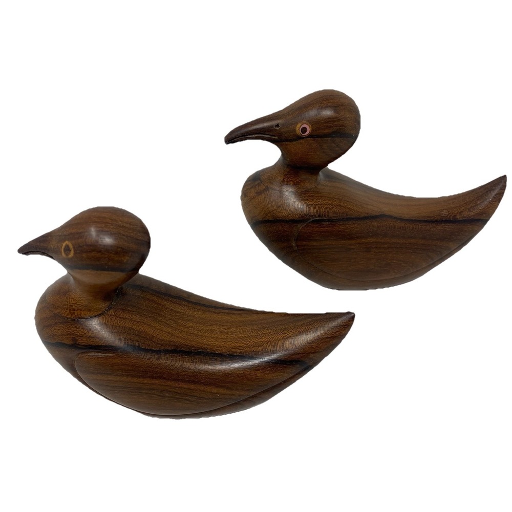2 Mid-Century Modern Hand-Carved Teak or Walnut Duck Figurine Scandinavian Style